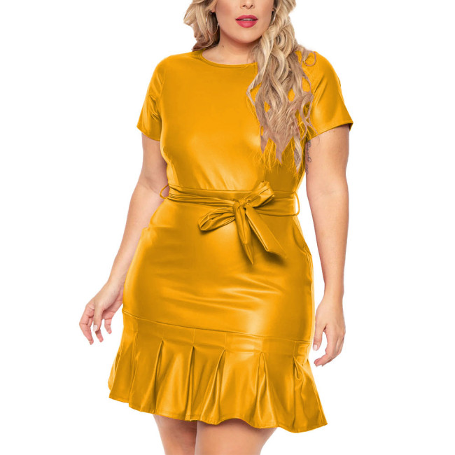 Elegant PU Leather Bodycon Dress Plus Size Female Short Sleeve Slim Dresses Trend O-neck Ruffles Hem Sexy Dress Belted Vestidos