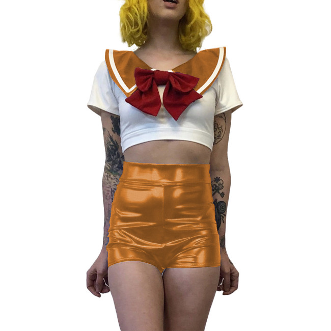 Women Sexy School Girl Costumes Metallic Patent Leather Student Uniform Party Club Outfits Naughty Japanese Student Cosplay 7XL