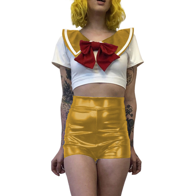 Women Sexy School Girl Costumes Metallic Patent Leather Student Uniform Party Club Outfits Naughty Japanese Student Cosplay 7XL