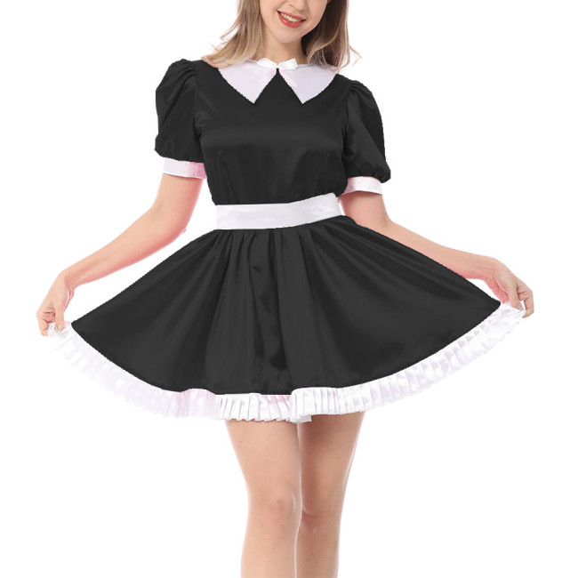 French Adult Sissy Dress Sexy Cross-dressing Girl Pink Satin Lace Dress Shiny Mens Crossdresser Uniform Apron Role Play Costume