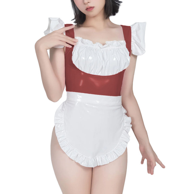 Sweet Maid Uniform with White Lace Up Apron Female Suspender Mini Bodysuit Cafe Workwear Cosplay Zentai Shiny PVC Carnival Suits