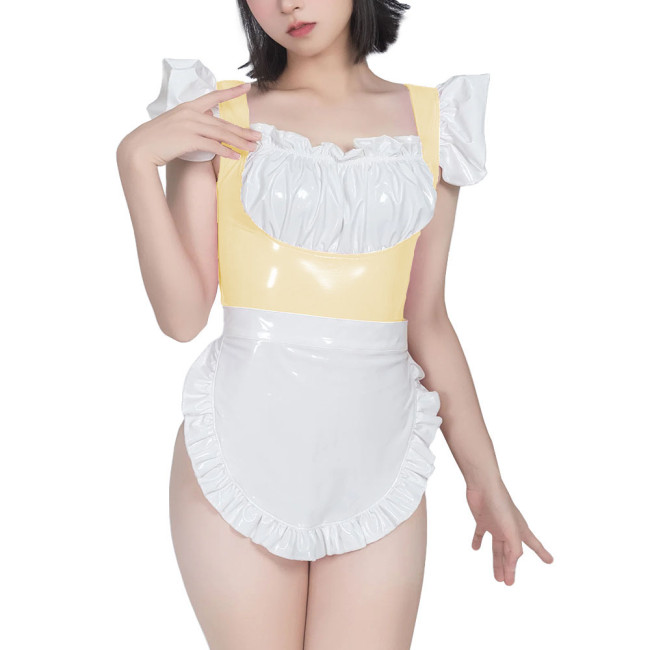 Sweet Maid Uniform with White Lace Up Apron Female Suspender Mini Bodysuit Cafe Workwear Cosplay Zentai Shiny PVC Carnival Suits