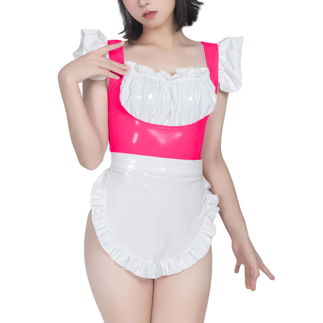 Sweet Maid Uniform with White Lace Up Apron Female Suspender Mini Bodysuit Cafe Workwear Cosplay Zentai Shiny PVC Carnival Suits