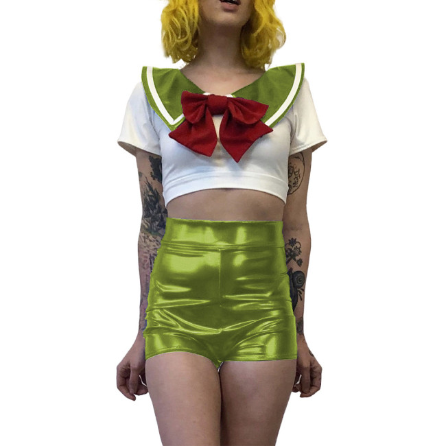 Women Sexy School Girl Costumes Metallic Patent Leather Student Uniform Party Club Outfits Naughty Japanese Student Cosplay 7XL