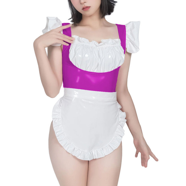 Sweet Maid Uniform with White Lace Up Apron Female Suspender Mini Bodysuit Cafe Workwear Cosplay Zentai Shiny PVC Carnival Suits