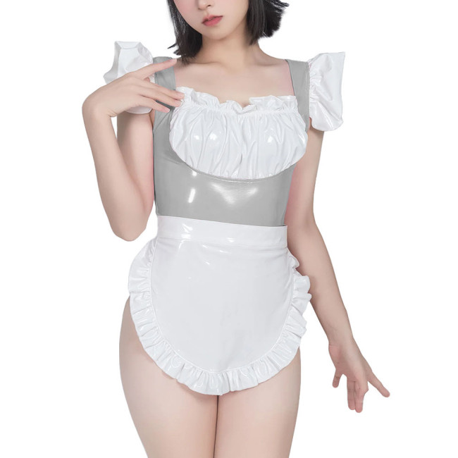 Sweet Maid Uniform with White Lace Up Apron Female Suspender Mini Bodysuit Cafe Workwear Cosplay Zentai Shiny PVC Carnival Suits