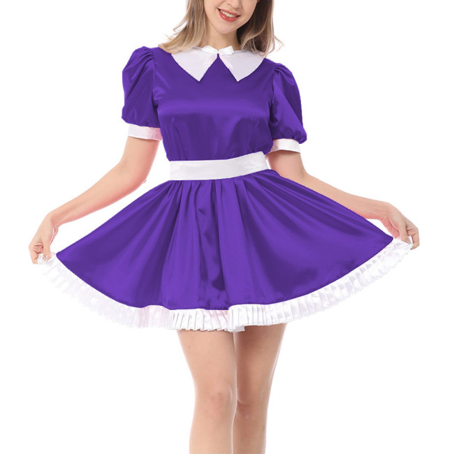 French Adult Sissy Dress Sexy Cross-dressing Girl Pink Satin Lace Dress Shiny Mens Crossdresser Uniform Apron Role Play Costume