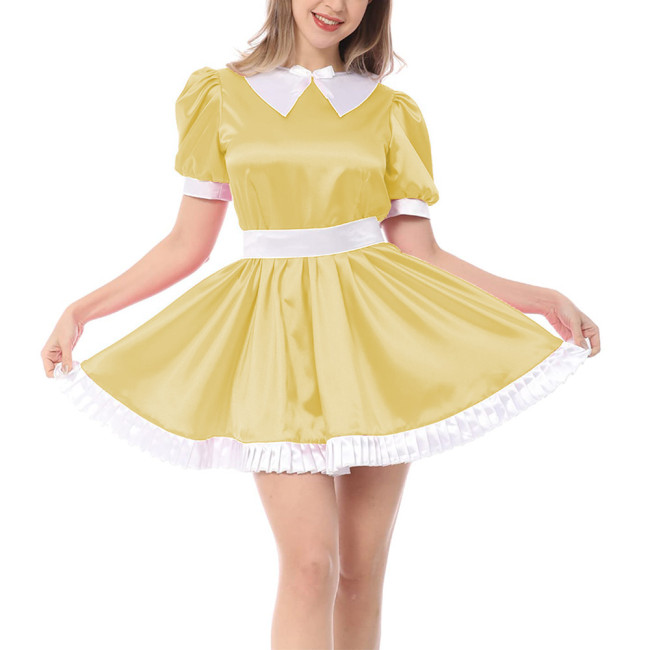 French Adult Sissy Dress Sexy Cross-dressing Girl Pink Satin Lace Dress Shiny Mens Crossdresser Uniform Apron Role Play Costume