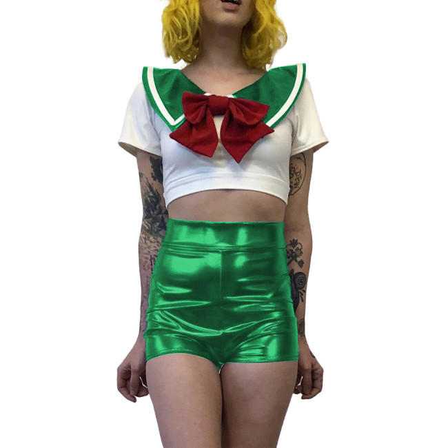 Women Sexy School Girl Costumes Metallic Patent Leather Student Uniform Party Club Outfits Naughty Japanese Student Cosplay 7XL
