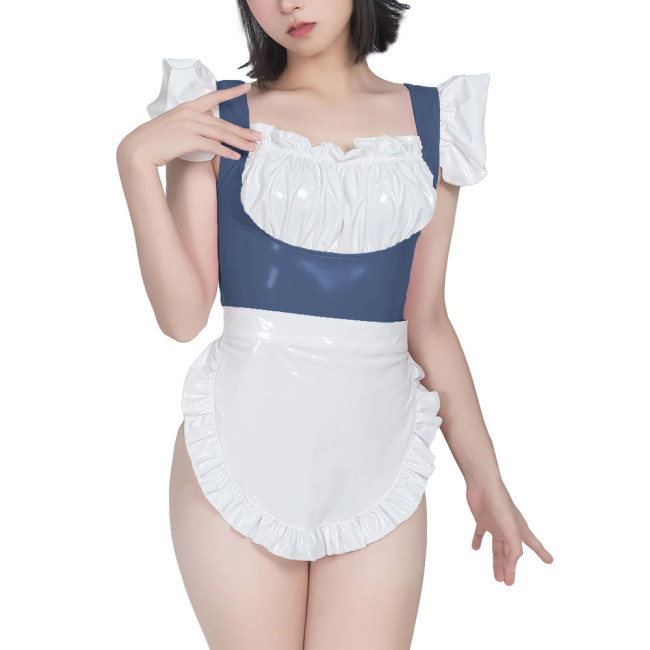 Sweet Maid Uniform with White Lace Up Apron Female Suspender Mini Bodysuit Cafe Workwear Cosplay Zentai Shiny PVC Carnival Suits
