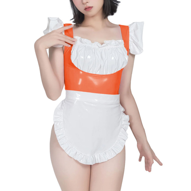 Sweet Maid Uniform with White Lace Up Apron Female Suspender Mini Bodysuit Cafe Workwear Cosplay Zentai Shiny PVC Carnival Suits