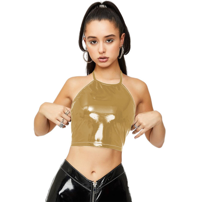 Hot Sexy Shiny PVC Crop Tops Halter Bandage Glossy Leather Camis Tank Fashion Street Clubwear Camisole Punk Zipper Back Tank Top