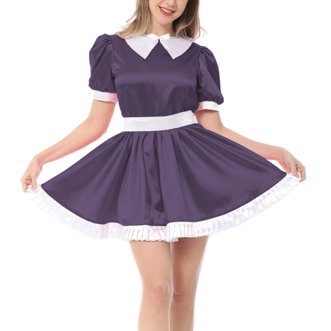 French Adult Sissy Dress Sexy Cross-dressing Girl Pink Satin Lace Dress Shiny Mens Crossdresser Uniform Apron Role Play Costume