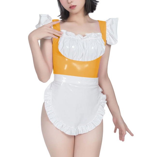 Sweet Maid Uniform with White Lace Up Apron Female Suspender Mini Bodysuit Cafe Workwear Cosplay Zentai Shiny PVC Carnival Suits