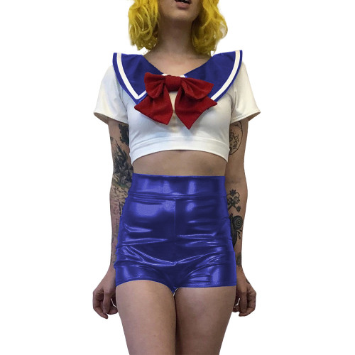 Women Sexy School Girl Costumes Metallic Patent Leather Student Uniform Party Club Outfits Naughty Japanese Student Cosplay 7XL