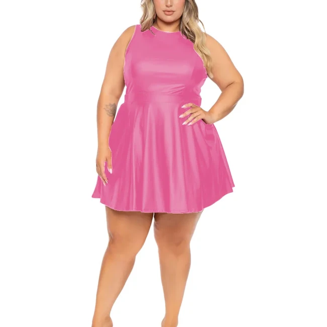 Plus Size Women Mini Dresses  PU Matte Leather Sleeveless A-line Dress Female Casual Fashion Mini Dress Vestir Mujer Sexy Robe