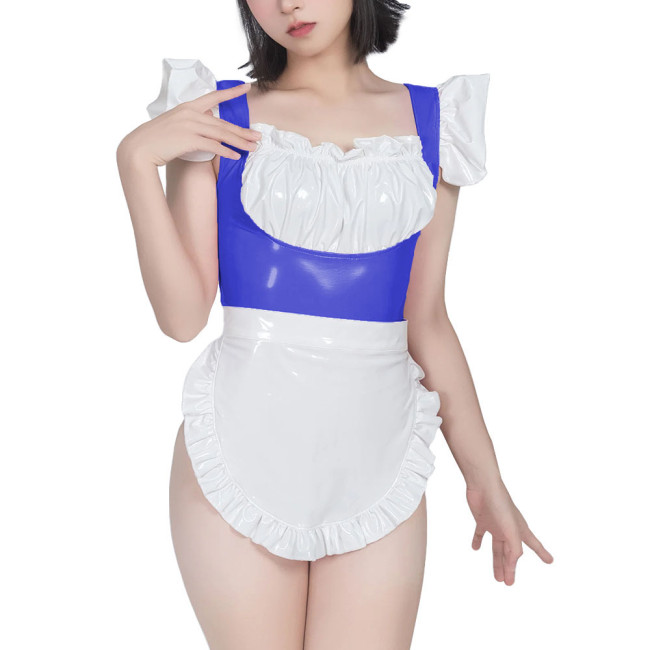 Sweet Maid Uniform with White Lace Up Apron Female Suspender Mini Bodysuit Cafe Workwear Cosplay Zentai Shiny PVC Carnival Suits