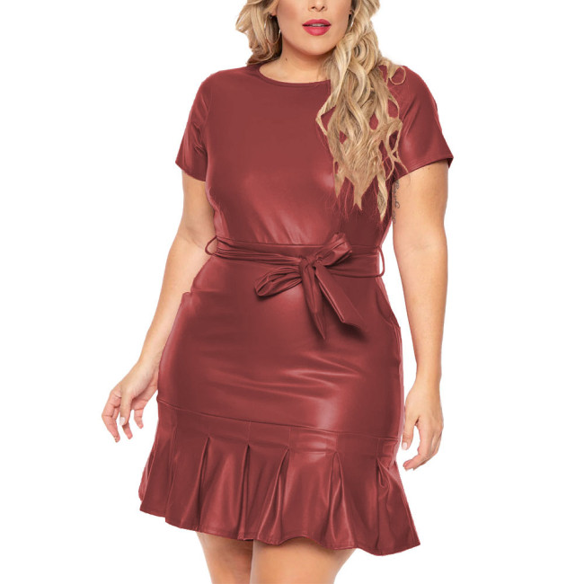 Elegant PU Leather Bodycon Dress Plus Size Female Short Sleeve Slim Dresses Trend O-neck Ruffles Hem Sexy Dress Belted Vestidos