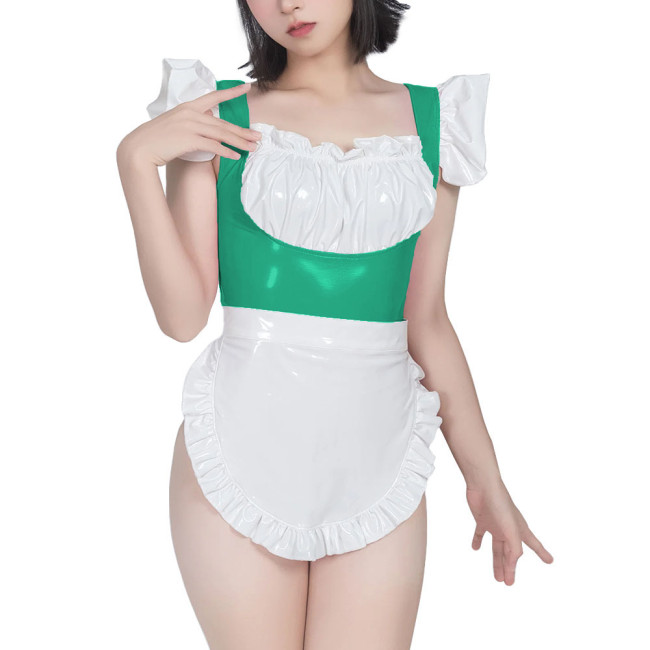 Sweet Maid Uniform with White Lace Up Apron Female Suspender Mini Bodysuit Cafe Workwear Cosplay Zentai Shiny PVC Carnival Suits