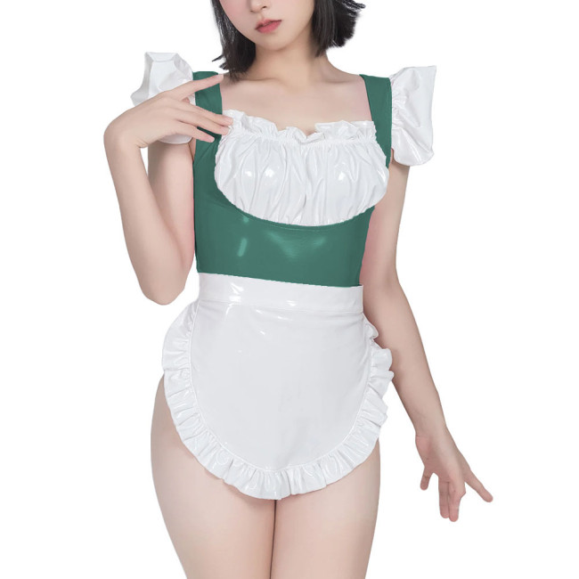 Sweet Maid Uniform with White Lace Up Apron Female Suspender Mini Bodysuit Cafe Workwear Cosplay Zentai Shiny PVC Carnival Suits