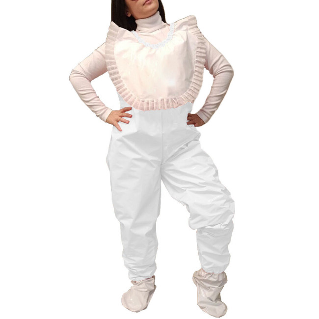 Fetish Queen Foot Wrapped Jumpsuit Sleeveless Round Neck Rompers White Patchwork Ruffled Shiny Patent Club Aesthetics Catsuit