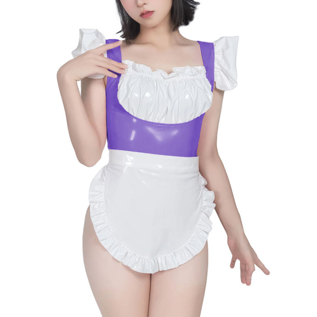 Sweet Maid Uniform with White Lace Up Apron Female Suspender Mini Bodysuit Cafe Workwear Cosplay Zentai Shiny PVC Carnival Suits