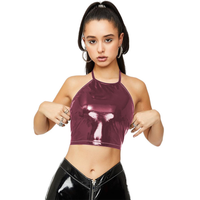 Hot Sexy Shiny PVC Crop Tops Halter Bandage Glossy Leather Camis Tank Fashion Street Clubwear Camisole Punk Zipper Back Tank Top