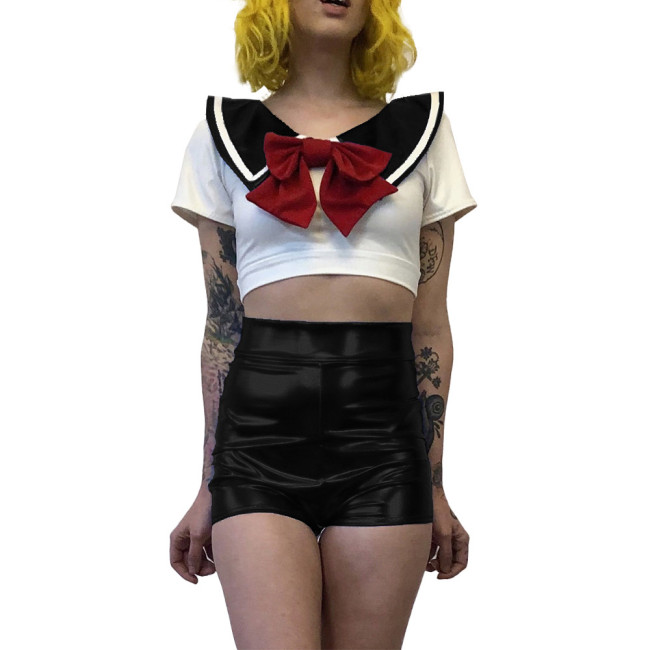 Women Sexy School Girl Costumes Metallic Patent Leather Student Uniform Party Club Outfits Naughty Japanese Student Cosplay 7XL