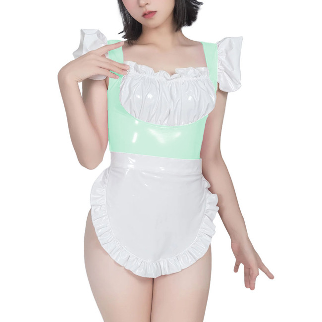 Sweet Maid Uniform with White Lace Up Apron Female Suspender Mini Bodysuit Cafe Workwear Cosplay Zentai Shiny PVC Carnival Suits