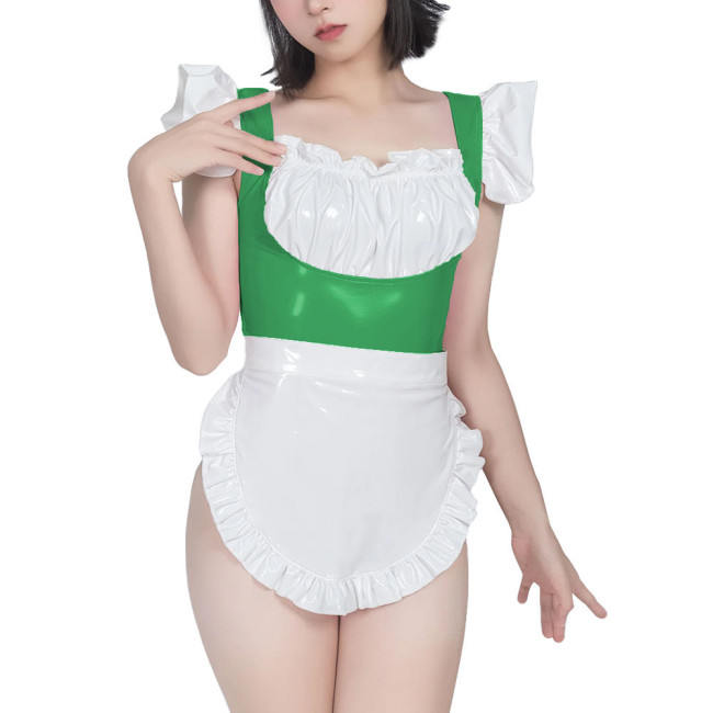 Sweet Maid Uniform with White Lace Up Apron Female Suspender Mini Bodysuit Cafe Workwear Cosplay Zentai Shiny PVC Carnival Suits