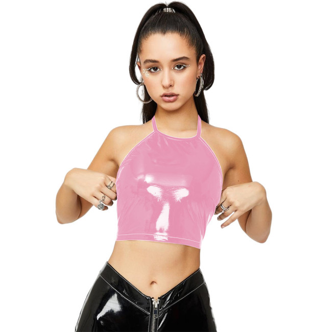 Hot Sexy Shiny PVC Crop Tops Halter Bandage Glossy Leather Camis Tank Fashion Street Clubwear Camisole Punk Zipper Back Tank Top