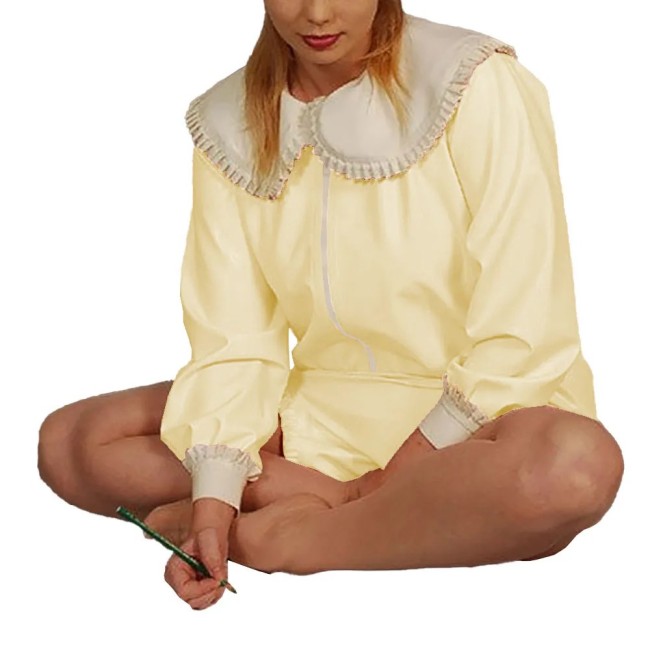Cute Peter Pan Collar Teddies Front Zipper Comfortable Jumpsuit Vinyl Leather Long Sleeved Jumpsuit Ruffled Trims Party Zentai