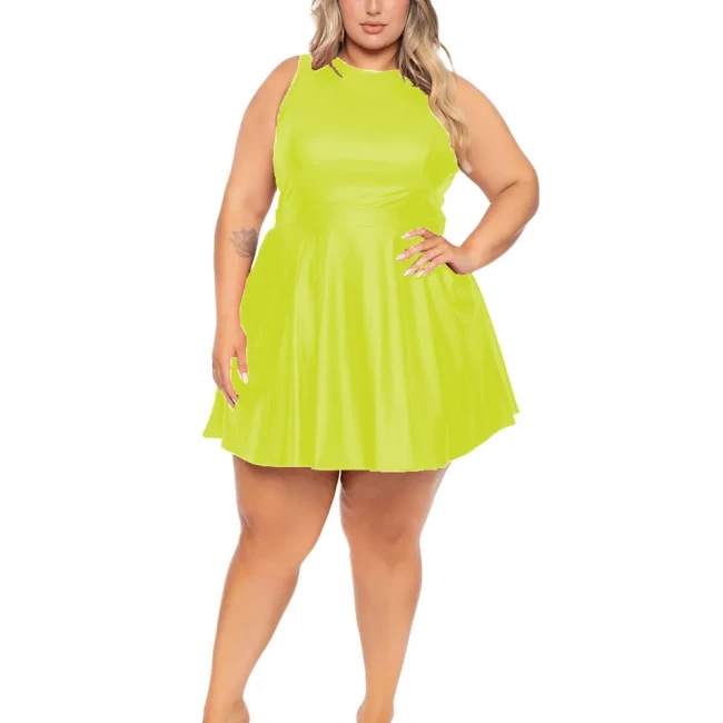 Plus Size Women Mini Dresses  PU Matte Leather Sleeveless A-line Dress Female Casual Fashion Mini Dress Vestir Mujer Sexy Robe