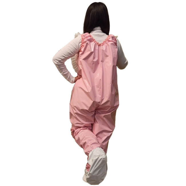 Fetish Queen Foot Wrapped Jumpsuit Sleeveless Round Neck Rompers White Patchwork Ruffled Shiny Patent Club Aesthetics Catsuit
