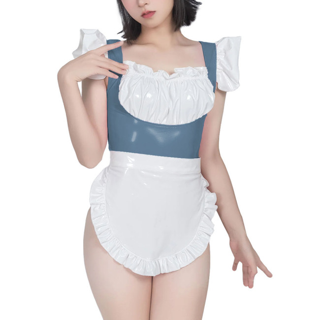 Sweet Maid Uniform with White Lace Up Apron Female Suspender Mini Bodysuit Cafe Workwear Cosplay Zentai Shiny PVC Carnival Suits