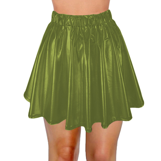 Womens Shiny PVC Skirt Wet Look Patent Leather Pleated Skater Skirts Flared Casual Mini School Flared Casual Pole Dance Skirts