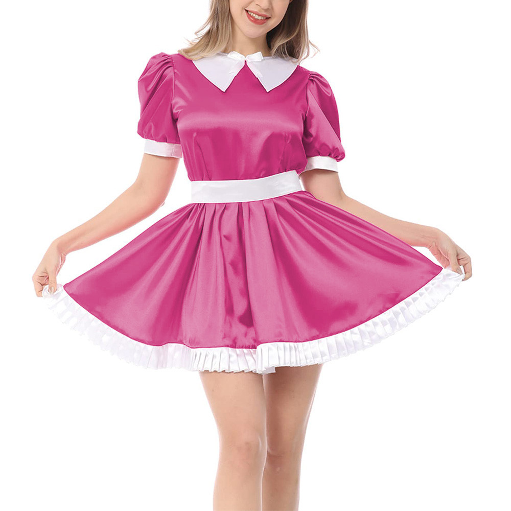 French Adult Sissy Dress Sexy Cross-dressing Girl Pink Satin Lace Dress  Shiny Mens Crossdresser Uniform