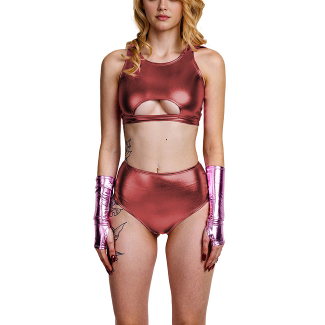 Women's Metallic Shiny Bikini Fashion Set Sexy Faux Leather Party Outfit Bathing Suit Top + Bottom Hollow Out Night Clubwear 7XL
