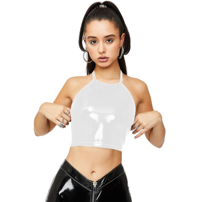 Hot Sexy Shiny PVC Crop Tops Halter Bandage Glossy Leather Camis Tank Fashion Street Clubwear Camisole Punk Zipper Back Tank Top