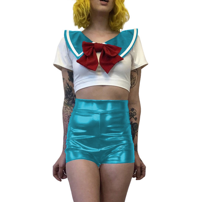 Women Sexy School Girl Costumes Metallic Patent Leather Student Uniform Party Club Outfits Naughty Japanese Student Cosplay 7XL
