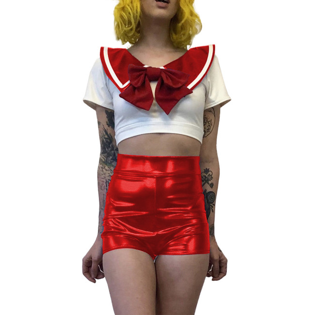 Women Sexy School Girl Costumes Metallic Patent Leather Student Uniform Party Club Outfits Naughty Japanese Student Cosplay 7XL