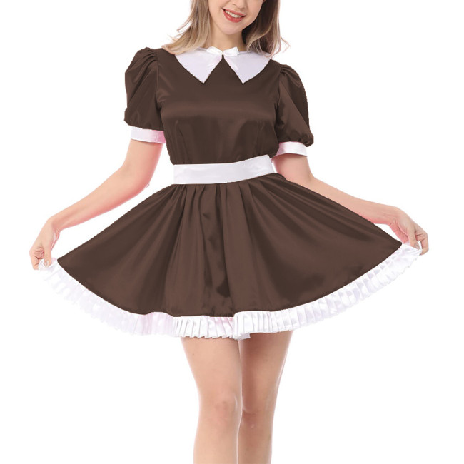 French Adult Sissy Dress Sexy Cross-dressing Girl Pink Satin Lace Dress Shiny Mens Crossdresser Uniform Apron Role Play Costume