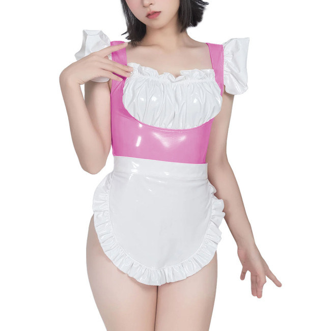 Sweet Maid Uniform with White Lace Up Apron Female Suspender Mini Bodysuit Cafe Workwear Cosplay Zentai Shiny PVC Carnival Suits