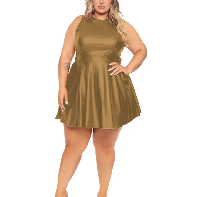 Plus Size Women Mini Dresses  PU Matte Leather Sleeveless A-line Dress Female Casual Fashion Mini Dress Vestir Mujer Sexy Robe