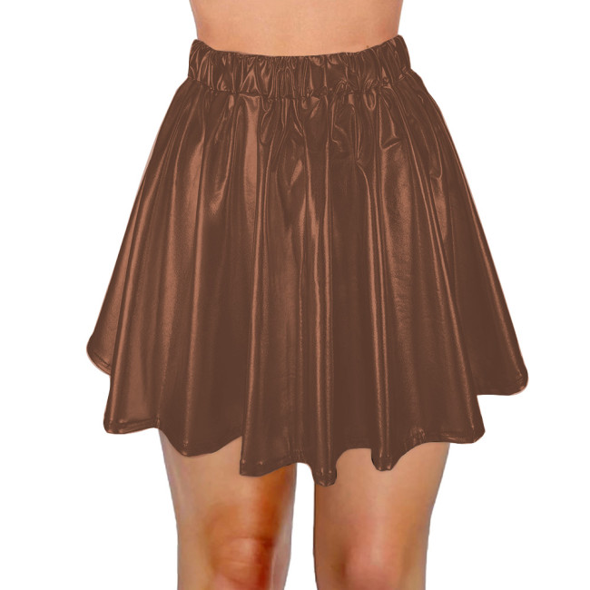 Womens Shiny PVC Skirt Wet Look Patent Leather Pleated Skater Skirts Flared Casual Mini School Flared Casual Pole Dance Skirts