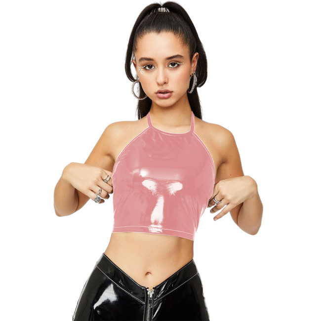 Hot Sexy Shiny PVC Crop Tops Halter Bandage Glossy Leather Camis Tank Fashion Street Clubwear Camisole Punk Zipper Back Tank Top