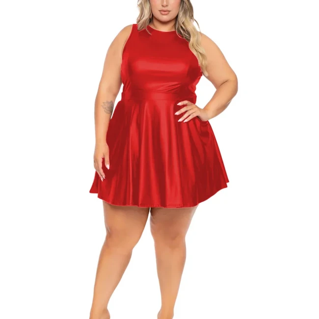 Plus Size Women Mini Dresses  PU Matte Leather Sleeveless A-line Dress Female Casual Fashion Mini Dress Vestir Mujer Sexy Robe