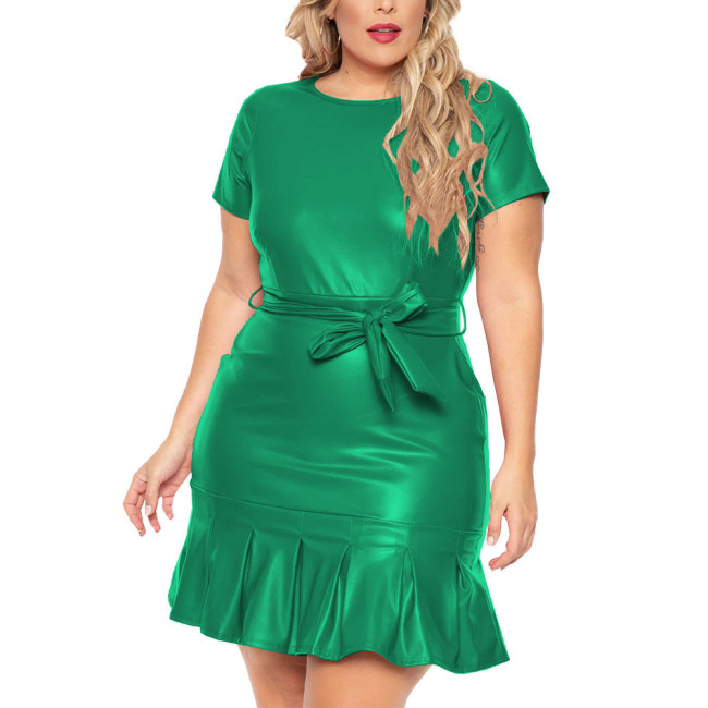 Elegant PU Leather Bodycon Dress Plus Size Female Short Sleeve Slim Dresses Trend O-neck Ruffles Hem Sexy Dress Belted Vestidos