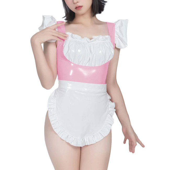 Sweet Maid Uniform with White Lace Up Apron Female Suspender Mini Bodysuit Cafe Workwear Cosplay Zentai Shiny PVC Carnival Suits