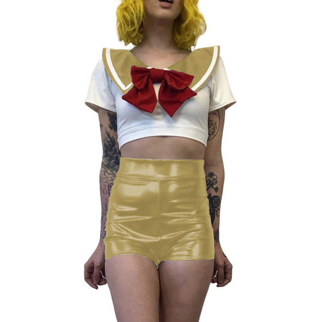 Women Sexy School Girl Costumes Metallic Patent Leather Student Uniform Party Club Outfits Naughty Japanese Student Cosplay 7XL